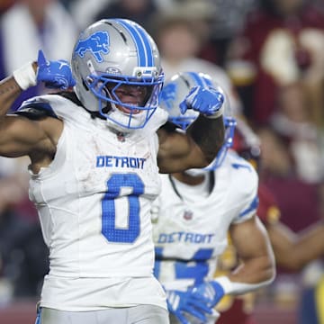 Detroit Lions running back Jahmyr Gibbs (0) celebrates after scoring a touchdown against Washington Commanders