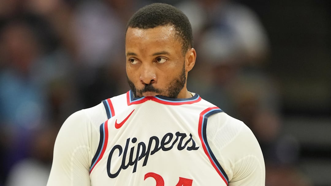 Apr 11, 2025; Sacramento, California, USA; Los Angeles Clippers guard Norman Powell (24) reacts during the third quarter against the Sacramento Kings at Golden 1 Center.