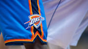 Mar 27, 2017; Dallas, TX, USA; A view of the Oklahoma City Thunder logo during the game between the Dallas Mavericks and the Thunder at the American Airlines Center. The Thunder defeat the Mavericks 92-91. Mandatory Credit: Jerome Miron-Imagn Images