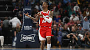Apr 1, 2025; Memphis, Tennessee, USA; Memphis Grizzlies guard Ja Morant (12) reacts after a basket during the second quarter against the Golden State Warriors at FedExForum. Mandatory Credit: Petre Thomas-Imagn Images