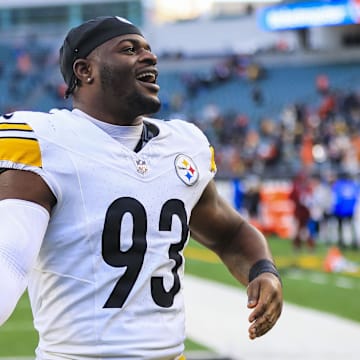 Dec 1, 2024; Cincinnati, Ohio, USA; Pittsburgh Steelers linebacker Mark Robinson (93) walks off the field after the victory over the Cincinnati Bengals at Paycor Stadium. Mandatory Credit: Katie Stratman-Imagn Images