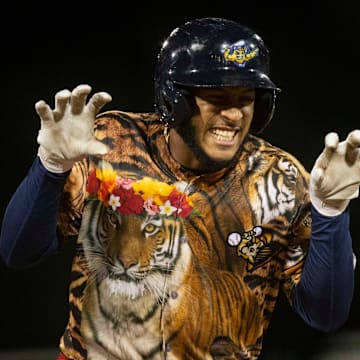 Fort Myers Mighty Mussels' Emmanuel Rodriguez (13) reacts after hitting a home run during the bottom of the seventh inning of the Single-A MiLB game between the Jupiter Hammerheads and Fort Myers Mighty Mussels, Friday, April 15, 2022, at Hammond Stadium in Fort Myers, Fla. The Fort Myers Mighty Mussels defeated the Jupiter Hammerheads 12-0.Carole Baskin threw out the first pitch, and the Mussels wore special Tiger-themed jerseys on Big Cat Rescue Night.

Fort Myers Mighty Mussels Big Cat Rescue