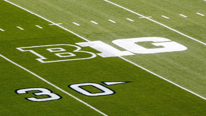 Sep 1, 2018; University Park, PA, USA; A detailed view of the Big Ten logo on the field.