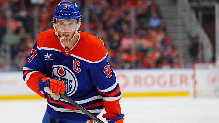 Oct 12, 2024; Edmonton, Alberta, CAN; Edmonton Oilers forward Connor McDavid (97) follows the play against the Chicago Blackhawks at Rogers Place. Mandatory Credit: Perry Nelson-Imagn Images