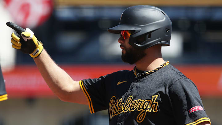 Apr 17, 2025; Pittsburgh, Pennsylvania, USA; Pittsburgh Pirates shortstop Isiah Kiner-Falefa (7) reacts at first base with a single against the Washington Nationals during the fifth inning at PNC Park. Apr 17, 2025; Pittsburgh, Pennsylvania, USA; Pittsburgh Pirates shortstop Isiah Kiner-Falefa (7) reacts at first base with a single against the Washington Nationals during the fifth inning at PNC Park.
