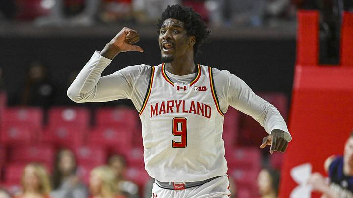 Feb 21, 2026; College Park, Maryland, USA;  Maryland Terrapins forward Solomon Washington (9) reacts during the first half against the Washington Huskies at Xfinity Center. Mandatory Credit: Tommy Gilligan-Imagn Images
