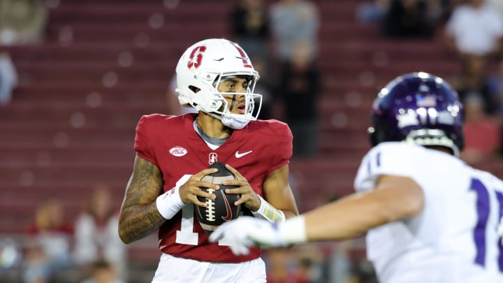 Aug 30, 2024; Stanford, California, USA; Stanford Cardinal quarterback Ashton Daniels (14) drops back to pass during the first quarter against the TCU Horned Frogs at Stanford Stadium. Mandatory Credit: Sergio Estrada-USA TODAY Sports