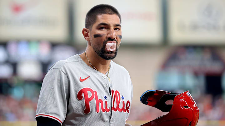 Jun 26, 2025; Houston, Texas, USA; Philadelphia Phillies right fielder Nick Castellanos (8) in the on-deck circle against the Houston Astros during the first inning at Daikin Park. Mandatory Credit: Erik Williams-Imagn Images