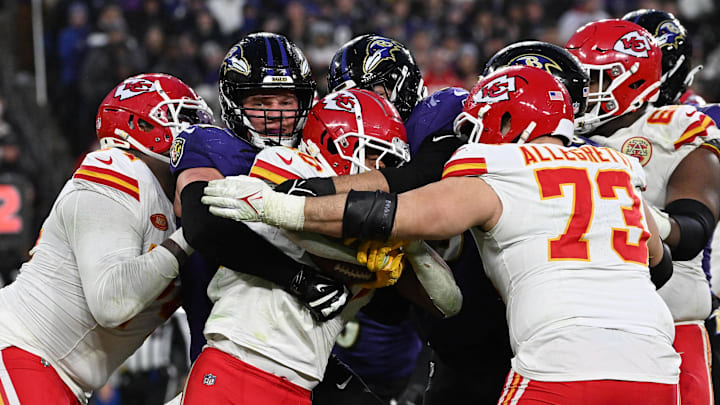 Jan 28, 2024; Baltimore, Maryland, USA; Kansas City Chiefs running back Isiah Pacheco (10) carries the ball against the Baltimore Ravens during the second half in the AFC Championship football game at M&T Bank Stadium. Mandatory Credit: Tommy Gilligan-Imagn Images