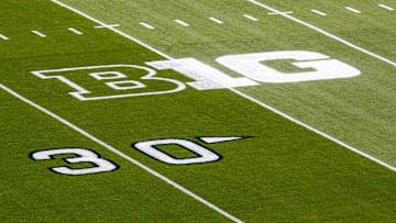 Sep 1, 2018; University Park, PA, USA; A detailed view of the Big Ten logo on the field prior to the game between the Appalachian State Mountaineers and the Penn State Nittany Lions at Beaver Stadium. Mandatory Credit: Matthew O'Haren-Imagn Images