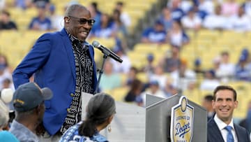Former Los Angeles Dodgers outfielder Dusty Baker speaks to fans after being inducted into the Dodgers Hall of Legends prior to the game between the Los Angeles Dodgers and the Pittsburgh Pirates at Dodger Stadium on Aug. 9, 2024.