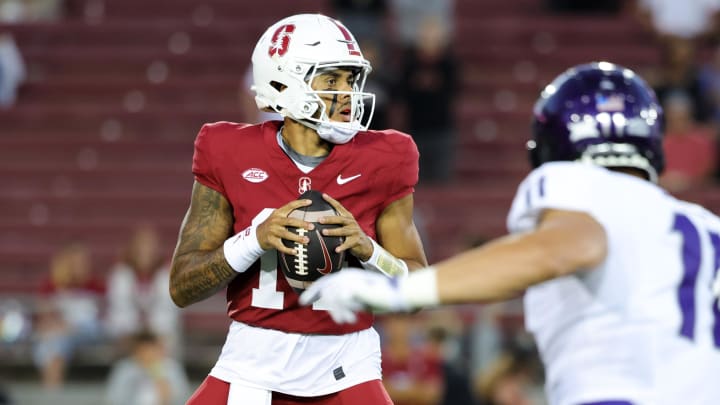 Aug 30, 2024; Stanford, California, USA; Stanford Cardinal quarterback Ashton Daniels (14) drops back to pass during the first quarter against the TCU Horned Frogs at Stanford Stadium. Mandatory Credit: Sergio Estrada-USA TODAY Sports