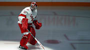 Oct 18, 2024; Pittsburgh, Pennsylvania, USA;  Carolina Hurricanes goaltender Frederik Andersen (31) takes the ice to warm up against the Pittsburgh Penguins at PPG Paints Arena. Mandatory Credit: Charles LeClaire-Imagn Images