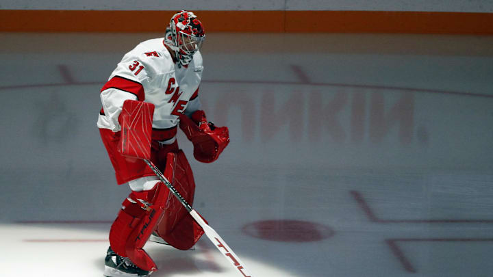 Oct 18, 2024; Pittsburgh, Pennsylvania, USA;  Carolina Hurricanes goaltender Frederik Andersen (31) takes the ice to warm up against the Pittsburgh Penguins at PPG Paints Arena. Mandatory Credit: Charles LeClaire-Imagn Images
