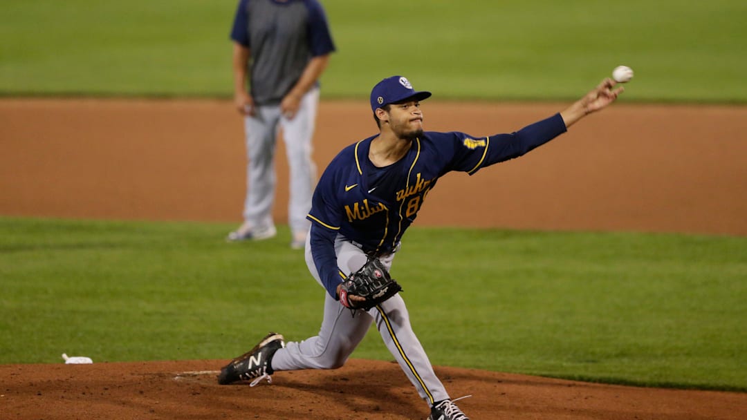 Antoine Kelly (88) throws a pitch at the Brewers' alternate training camp on Tuesday, July 28, 2020, at Fox Cities Stadium in Grand Chute, Wis.