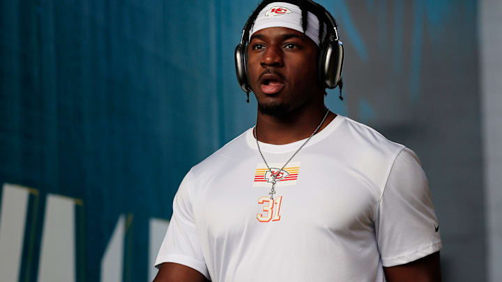 Kansas City Chiefs linebacker Jeffrey Bassa (31) walks on the field before an NFL football matchup at EverBank Stadium, Monday, Oct. 6, 2025, in Jacksonville, Fla.