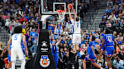 Nov 26, 2024; Las Vegas, Nevada, USA; Duke Blue Devils guard Cooper Flagg (2) dunks against the Kansas Jayhawks during the second half at T-Mobile Arena. Mandatory Credit: Stephen R. Sylvanie-Imagn Images