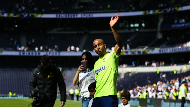 Lucas Moura says goodbye to the Spurs fans after his final home game for the club 