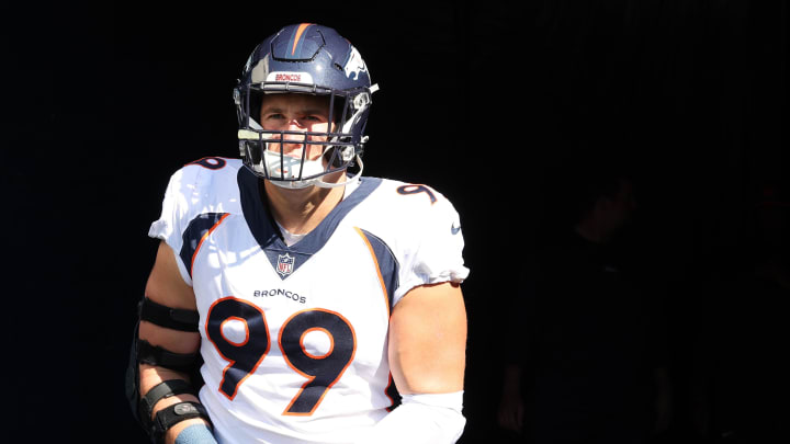 Oct 1, 2023; Chicago, Illinois, USA; Denver Broncos defensive end Zach Allen (99) takes the field before the game against the Chicago Bears at Soldier Field. 