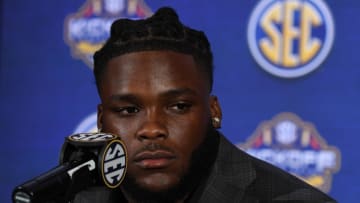 South Carolina football running back Rocket Sanders at 2023 SEC Media Days when he was a member of the Arkansas Razorbacks.