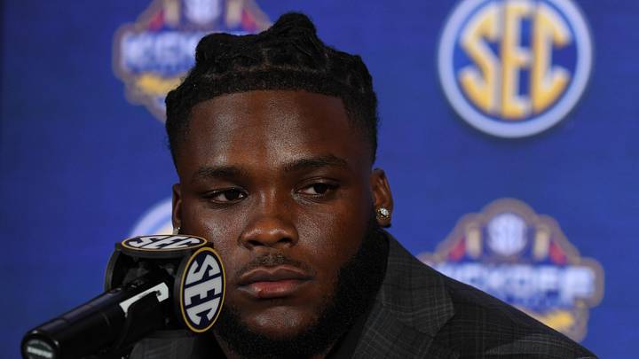 South Carolina football running back Rocket Sanders at 2023 SEC Media Days when he was a member of the Arkansas Razorbacks.