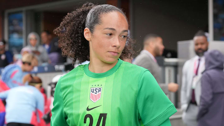 Apr 11, 2026; San Jose, California, USA; United States goalkeeper Phallon Tullis-Joyce (24) before the game against Japan at PayPal Park. 