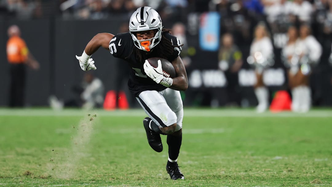 Sep 15, 2025; Paradise, Nevada, USA;  Las Vegas Raiders wide receiver Jakobi Meyers (16) rushes during the third quarter against the Los Angeles Chargers at Allegiant Stadium. Mandatory Credit: Kiyoshi Mio-Imagn Images