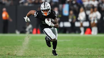 Sep 15, 2025; Paradise, Nevada, USA;  Las Vegas Raiders wide receiver Jakobi Meyers (16) rushes during the third quarter against the Los Angeles Chargers at Allegiant Stadium. Mandatory Credit: Kiyoshi Mio-Imagn Images