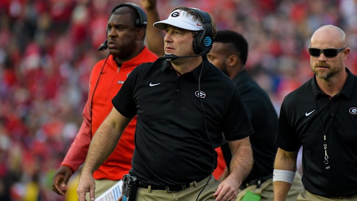 Jan 1, 2018; Pasadena, CA, USA; Georgia Bulldogs head coach Kirby Smart looks on during a game against the Oklahoma Sooners in the 2018 Rose Bowl college football playoff semifinal game at Rose Bowl Stadium. Mandatory Credit: Kirby Lee-Imagn Images