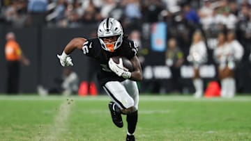 Sep 15, 2025; Paradise, Nevada, USA;  Las Vegas Raiders wide receiver Jakobi Meyers (16) rushes during the third quarter against the Los Angeles Chargers at Allegiant Stadium. Mandatory Credit: Kiyoshi Mio-Imagn Images
