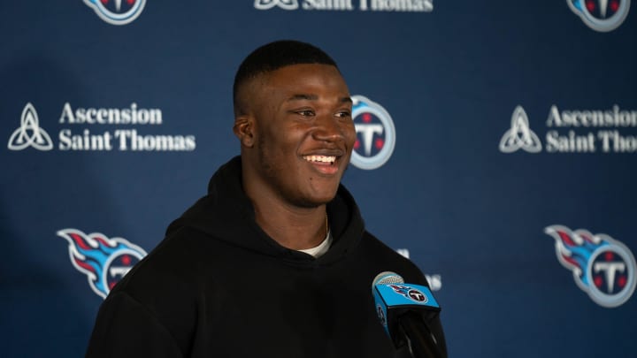 Tennessee Titans new free-agent linebacker Kenneth Murray fields questions at Ascension Saint Thomas Sports Park in Nashville, Tenn., Thursday, March 14, 2024.