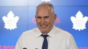 Dec 2, 2024; Toronto, Ontario, CAN; Toronto Maple Leafs head coach Craig Berube smiles during a press conference after a win over the Chicago Blackhawks at Scotiabank Arena. Mandatory Credit: John E. Sokolowski-Imagn Images