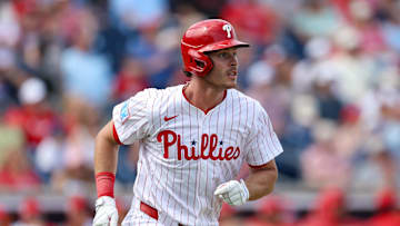 Mar 4, 2025; Clearwater, Florida, USA; Philadelphia Phillies outfielder Max Kepler (17) hits a home run against the New York Yankees in the second inning during spring training at BayCare Ballpark. Mandatory Credit: Nathan Ray Seebeck-Imagn Images