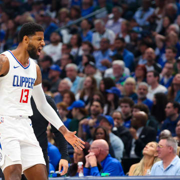 Apr 28, 2024; Dallas, Texas, USA;  LA Clippers forward Paul George (13) reacts after scoring during the first quarter against the Dallas Mavericks during game four of the first round for the 2024 NBA playoffs at American Airlines Center. Mandatory Credit: Kevin Jairaj-USA TODAY Sports