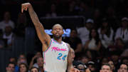 Apr 7, 2025; Miami, Florida, USA; Miami Heat forward Haywood Highsmith (24) watches his shot against the Philadelphia 76ers during the second quarter at Kaseya Center. Mandatory Credit: Sam Navarro-Imagn Images