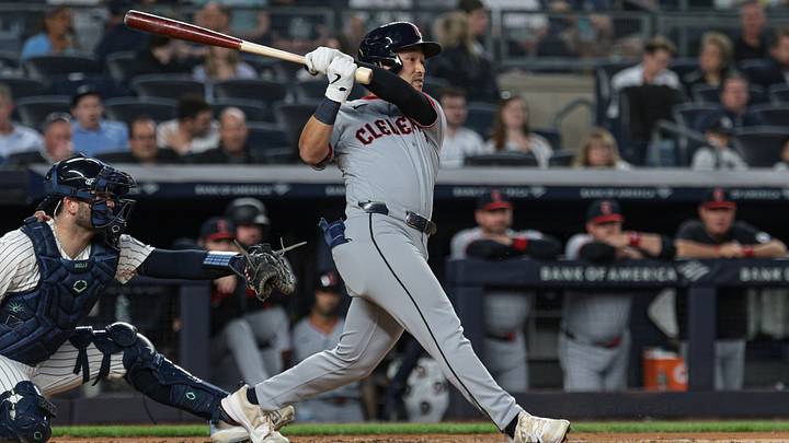 Jun 2, 2026; Bronx, New York, USA; Cleveland Guardians left fielder Steven Kwan (38) single during the fifth inning against the New York Yankees at Yankee Stadium. Mandatory Credit: Vincent Carchietta-Imagn Images