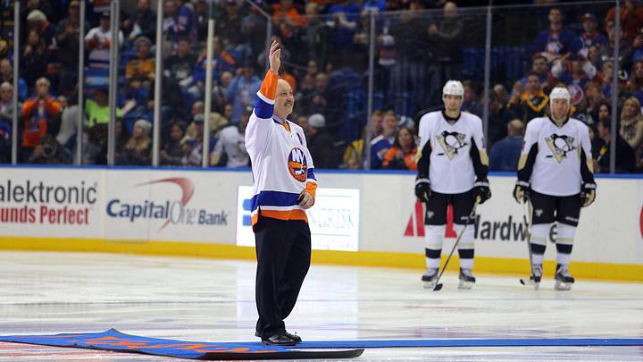 Jan 16, 2015; Uniondale, NY, USA; New York Islanders former player Bryan Trottier is honored before a game against the Pittsburgh Penguins at Nassau Veterans Memorial Coliseum. Mandatory Credit: Brad Penner-Imagn Images