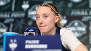 Apr 5, 2025; Tampa, FL, USA; UConn Huskies guard Paige Bueckers (5) talks to media before the NCAA Woman’s Final practice at Amalie Arena. Mandatory Credit: Nathan Ray Seebeck-Imagn Images