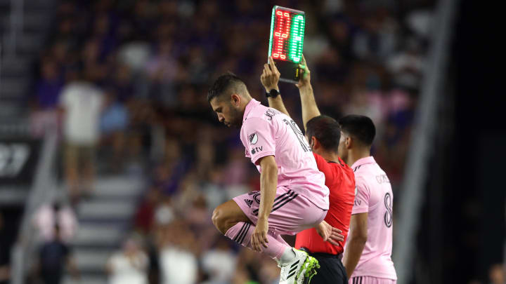 Aug 2, 2023; Fort Lauderdale, FL, USA; Inter Miami CF defender Jordi Alba (18) awaits to be substituted during the second half against Orlando City SC at DRV PNK Stadium. Mandatory Credit: Nathan Ray Seebeck-USA TODAY Sports