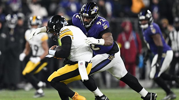 Baltimore Ravens defensive tackle Nnamdi Madubuike (92) sacks Pittsburgh Steelers quarterback Russell Wilson (3).