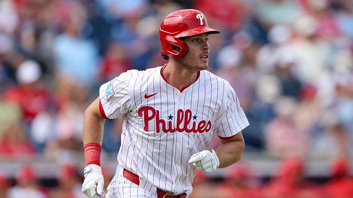 Mar 4, 2025; Clearwater, Florida, USA; Philadelphia Phillies outfielder Max Kepler (17) hits a home run against the New York Yankees in the second inning during spring training at BayCare Ballpark.