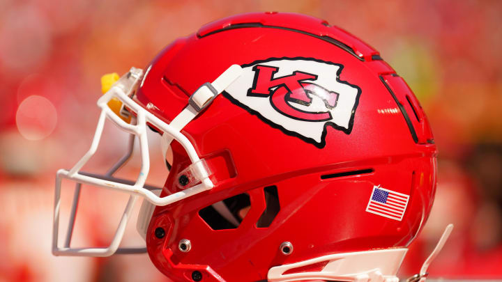 Aug 17, 2024; Kansas City, Missouri, USA; A general view of a Kansas City Chiefs helmet against the Detroit Lions during the first half at GEHA Field at Arrowhead Stadium. Mandatory Credit: Denny Medley-USA TODAY Sports