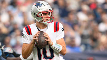 Nov 3, 2024; Nashville, Tennessee, USA;  New England Patriots quarterback Drake Maye (10) stands in the pocket against the Tennessee Titans during the second half at Nissan Stadium. Mandatory Credit: Steve Roberts-Imagn Images