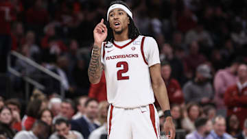 Dec 10, 2024; New York, New York, USA;  Arkansas Razorbacks guard Boogie Fland (2) talks to his teammates during a free throw attempt in the second half against the Michigan Wolverines at Madison Square Garden. Mandatory Credit: Wendell Cruz-Imagn Images