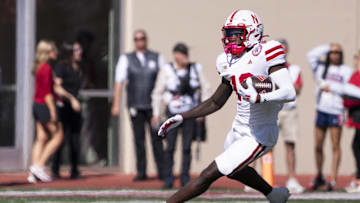 Oct 19, 2024; Bloomington, Indiana, USA; Nebraska Cornhuskers wide receiver Jaylen Lloyd (19) runs after a pass during the second quarter of a game against the Indiana Hoosiers at Memorial Stadium. Mandatory Credit: Jacob Musselman-Imagn Images