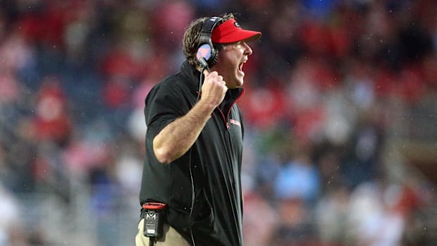 Nov 9, 2024; Oxford, Mississippi, USA; Georgia Bulldogs head coach Kirby Smart reacts during the second half against the Miss