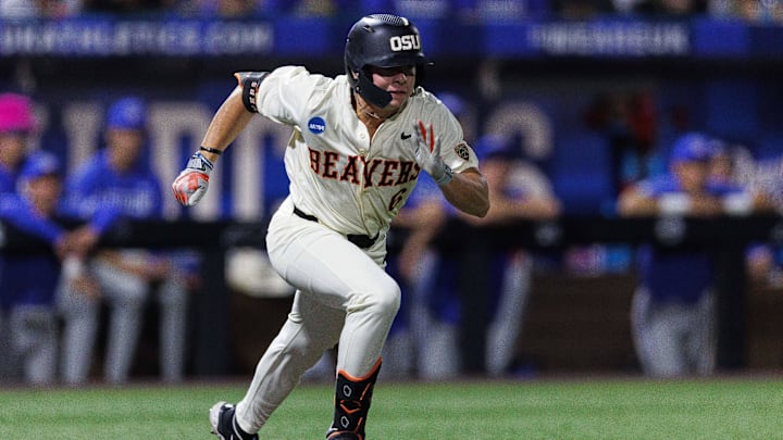 Jun 9, 2024; Lexington, KY, USA; Oregon State Beavers catcher Easton Talt (6) runs to first base during the seventh inning against the Kentucky Wildcats at Kentucky Proud Park. Mandatory Credit: Jordan Prather-Imagn Images