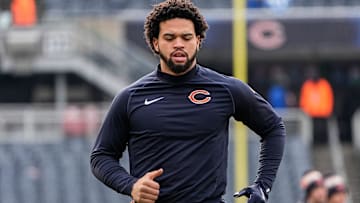 Caleb Williams warms up before the Bears' loss to Detroit last season.