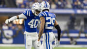 Dec 31, 2023; Indianapolis, Indiana, USA; Indianapolis Colts cornerback JuJu Brents (29) celebrates his pass break up  with  cornerback Jaylon Jones (40) in the first quarter against the Las Vegas Raiders at Lucas Oil Stadium. Mandatory Credit: Trevor Ruszkowski-USA TODAY Sports