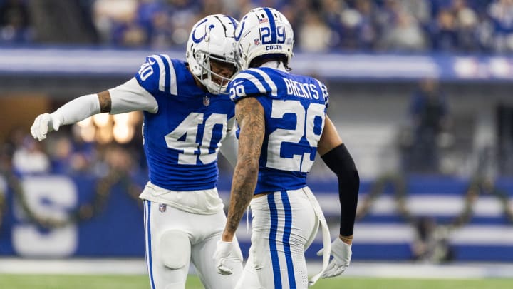 Dec 31, 2023; Indianapolis, Indiana, USA; Indianapolis Colts cornerback JuJu Brents (29) celebrates his pass break up  with  cornerback Jaylon Jones (40) in the first quarter against the Las Vegas Raiders at Lucas Oil Stadium. Mandatory Credit: Trevor Ruszkowski-USA TODAY Sports